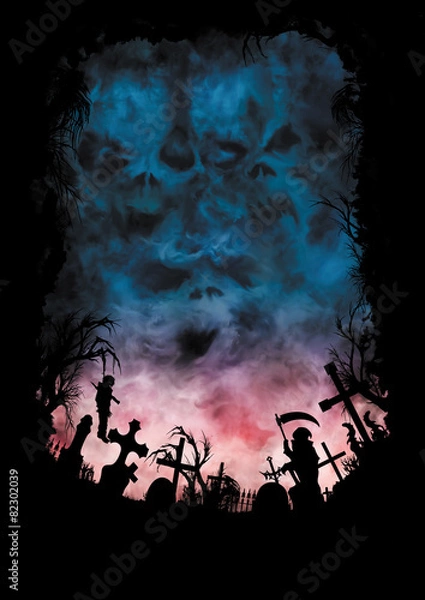 Fototapeta Horror background with skies like a skulls and a cemetery