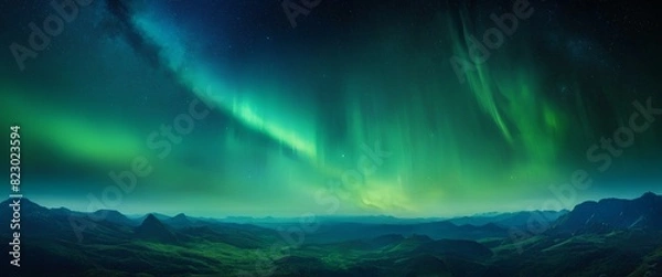 Obraz A beautiful view of aurora in northern sky night over the hills. Green and blue borealis northern lights background wallpaper