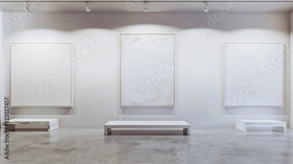 Fototapeta A contemporary art gallery with three massive plain white frames, each hosting a subtle, textured white canvas.