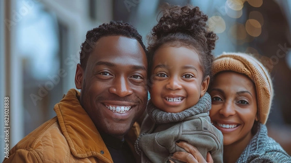 Fototapeta American smiling soldier hugs his wife and child against the background of the them home,generative ai