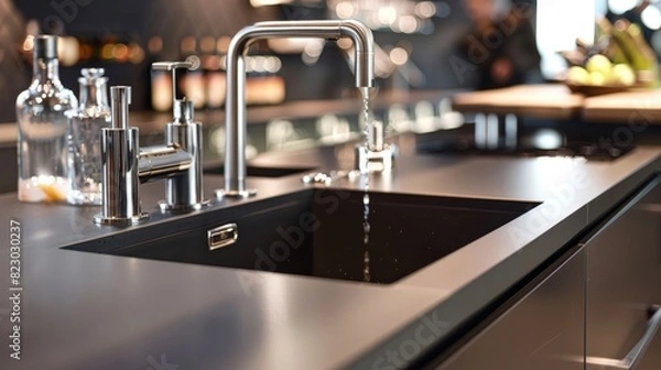 Fototapeta Elegant bar sink design in a modern kitchen setup, close-up highlighting its sleek and functional features, perfect for use in secondary areas like wet bars