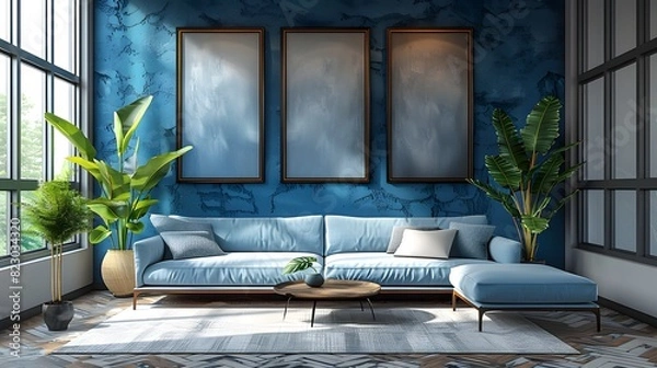 Fototapeta Modern living room interior with blue sofa, blank frames on wall, and large windows, inviting and stylish. 