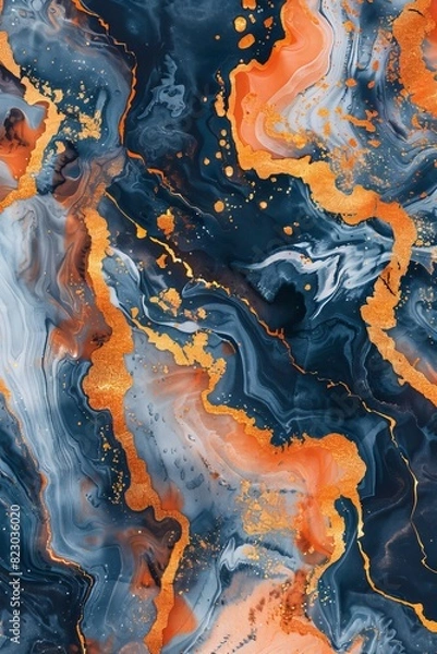 Fototapeta Abstract marble background with orange and navy blue pattern. Liquid marble texture