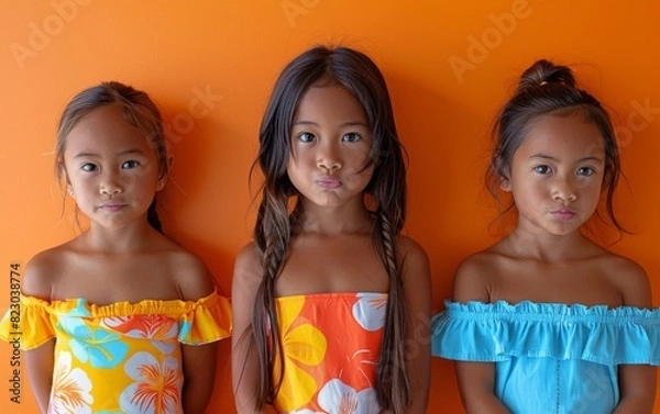 Fototapeta Three young girls, including a genderfluid child of Polynesian descent named Emp, standing next to each other