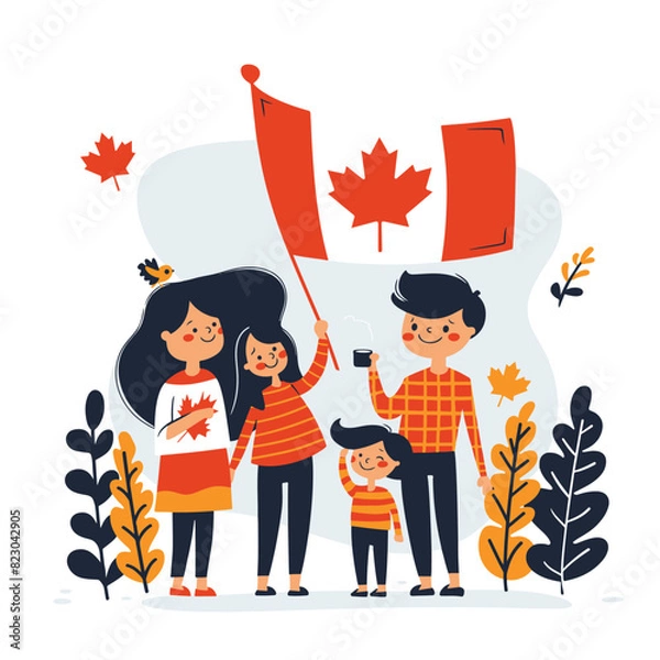 Fototapeta Minimalist Family Celebrating Canada Day Vector Illustration isolated on white background
