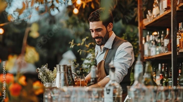 Fototapeta Bartender Working at a Private Event: At a private event, a bartender sets up a portable bar, serving a variety of beverages to guests and maintaining a lively atmosphere throughout the evening 