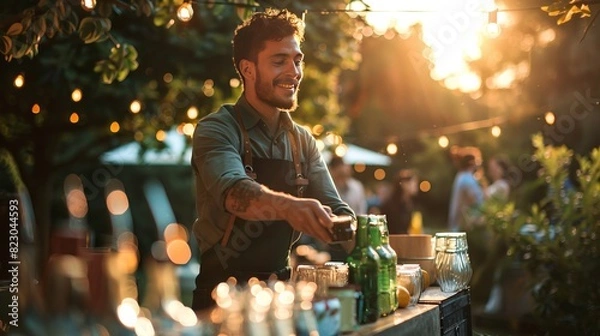 Obraz Bartender Working at a Private Event: At a private event, a bartender sets up a portable bar, serving a variety of beverages to guests and maintaining a lively atmosphere throughout the evening 