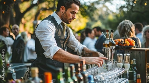 Fototapeta Bartender Working at a Private Event: At a private event, a bartender sets up a portable bar, serving a variety of beverages to guests and maintaining a lively atmosphere throughout the evening 