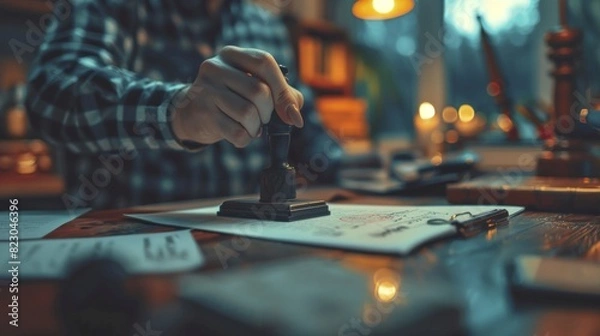 Obraz Copyright Hand stamping a copyright symbol on a document close up, focus on stamp intellectual property realistic, Silhouette, office desk