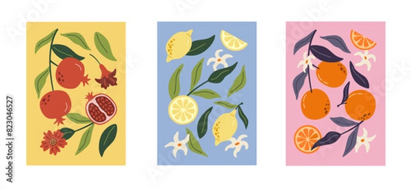 Fototapeta Collection of abstract prints contemporary art. Summer hand drawn fruits. Pomegranates, lemon and orange. Modern design for posters, cards, prints.