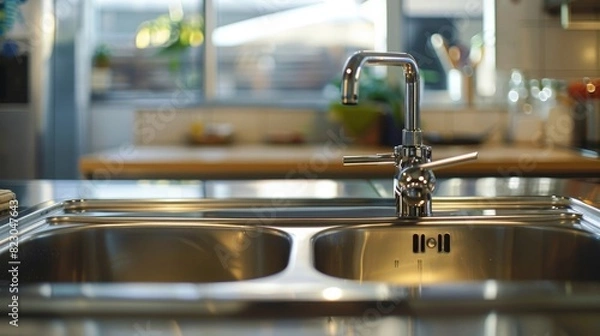 Fototapeta Close-up of a stainless steel sink in a vintage kitchen setting, highlighting durability and modern design, isolated background with studio lighting, ideal for advertising