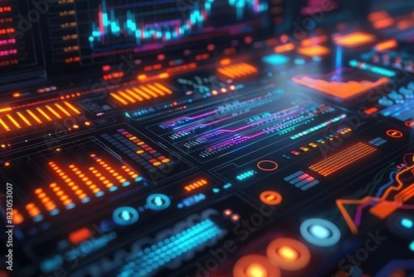 Fototapeta Cryptocurrency trading platform, glowing graphs, futuristic design, vibrant colors, high resolution,