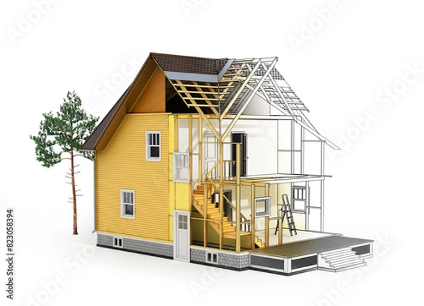 Obraz Concept of construction and architect design. 3d render of house in building process with tree. Transition from sketch to model. We see constituents of roof frame and insulation layer.