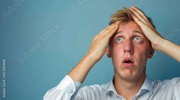 Fototapeta  A man with a startled expression, hands raised to his head