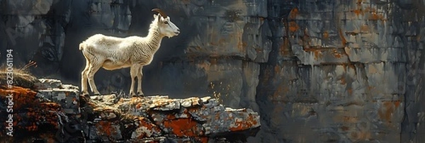 Fototapeta Amidst rugged terrain of the Canadian Rockies a solitary mountain goat navigates treacherous cliffs with ease