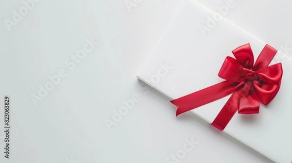 Fototapeta White gift card with a red bow on it template with a copy space