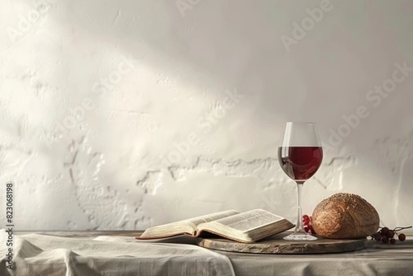 Obraz Bible, wine glass, and bread placed on a table, isolated on a white background Copy space, representing the Last Supper and communion