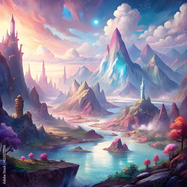 Fototapeta Explore a magical world of towering mountains, shimmering lakes, and mystical creatures in this fantastical landscape.