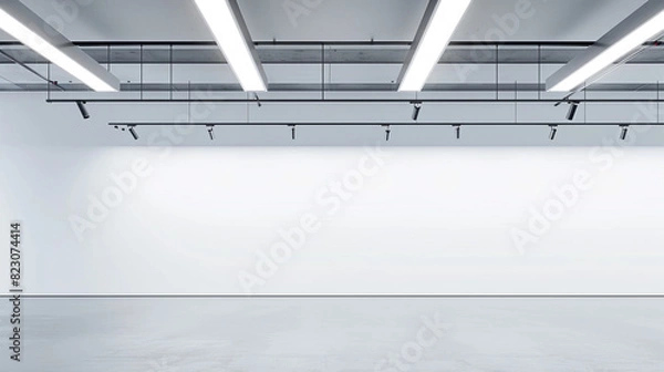 Fototapeta Gallery prepping for an exhibit with its long white wall brightly lit by overhead fixtures.