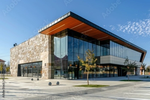 Fototapeta The facade of a small modern sports center with a unique architectural design, incorporating natural stone and glass