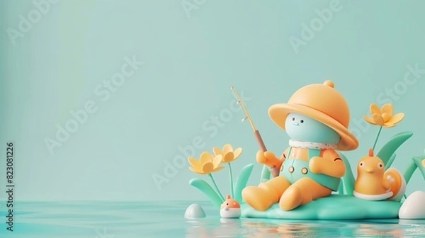Fototapeta A cute cartoon character is sitting on a lily pad in a pond. 3D illustration with copy space