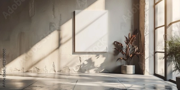 Fototapeta empty white poster on the wall in home, white board hung in a room in modern house empty white blank poster on white wall 