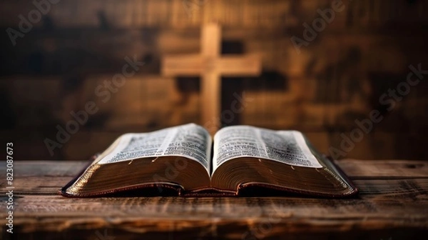Fototapeta Open Bible on a polished wooden podium with a simple cross in the background, softly lit, serene atmosphere