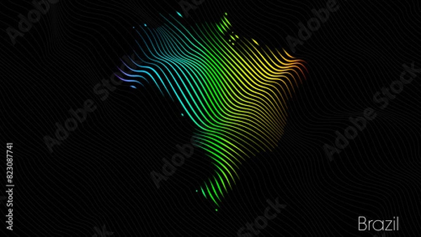 Obraz A map of Brazil is presented in the form of colorful vertical lines against a dark background. The country's borders are depicted in the shape of a rainbow-colored diagram.