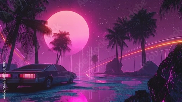 Fototapeta Retro-futuristic scene with a neon-lit car, palm trees, a large moon, and a starry sky