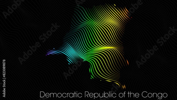 Fototapeta A map of Democratic Republic of the Congo is presented in the form of colorful vertical lines against a dark background. The country's borders are depicted in the shape of a rainbow-colored diagram.