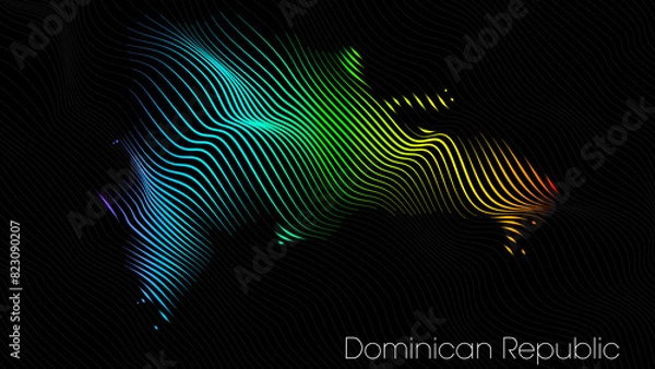 Fototapeta A map of Dominican Republic is presented in the form of colorful vertical lines against a dark background. The country's borders are depicted in the shape of a rainbow-colored diagram.