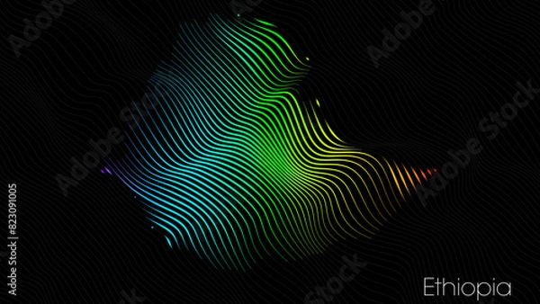 Fototapeta A map of Ethiopia is presented in the form of colorful vertical lines against a dark background. The country's borders are depicted in the shape of a rainbow-colored diagram.