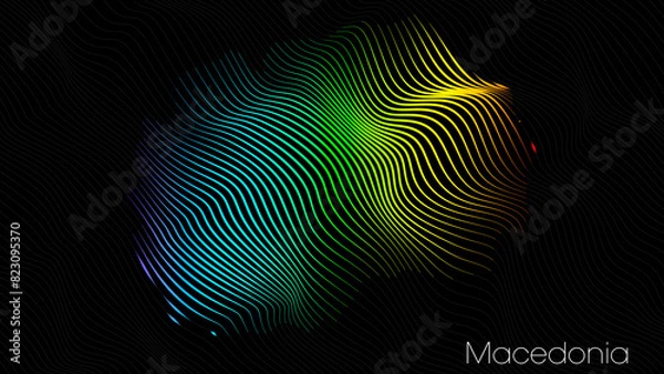 Fototapeta A map of Macedonia is presented in the form of colorful vertical lines against a dark background. The country's borders are depicted in the shape of a rainbow-colored diagram.