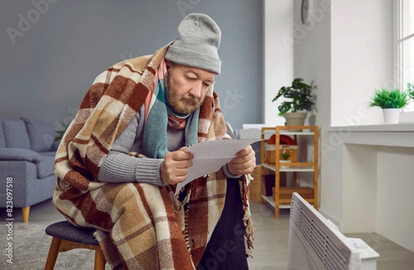 Fototapeta Senior man sitting at home wrapped in a blanket in winter hat and looking at the utility bill. A pensioner using a modern electric heater in winter in a cold room warming up. Heating problems concept.