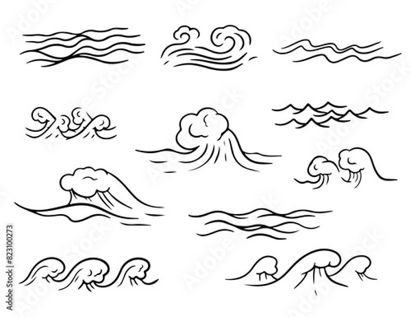 Fototapeta Black Waves Set. Ocean storm round wave. Water wave, sea wave set. Liquid shape elements. Vector illustration EPS10