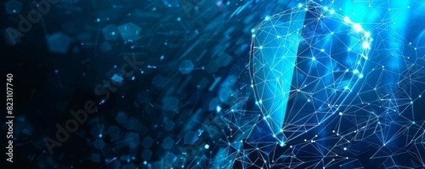 Fototapeta A conceptual illustration of a futuristic blue guard shield, representing protection, cyber security, and insurance. It features a low-poly graphic style with a geometric background and wireframe
