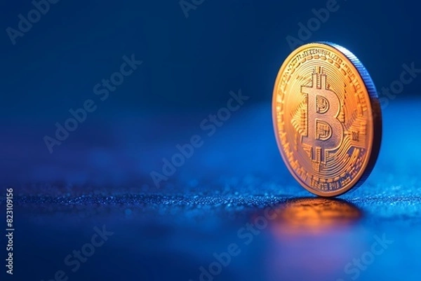 Fototapeta A close up of a bit coin on a blue surface