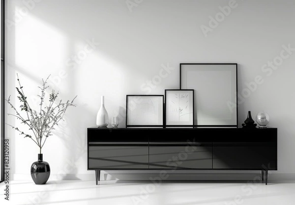 Fototapeta A black and white sideboard with art pieces on it, placed against the wall of an empty room, creating a minimalist design