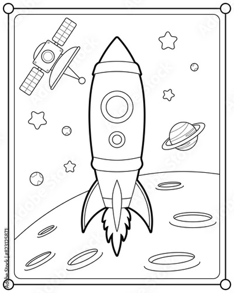 Fototapeta Rocket in space suitable for children's coloring page vector illustration