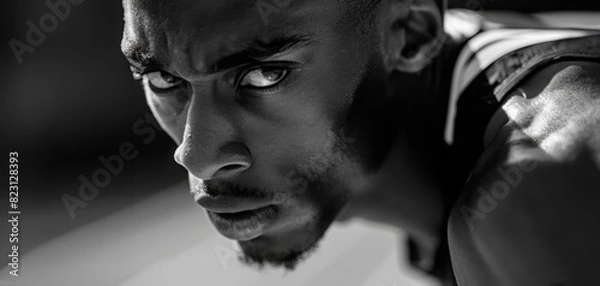 Fototapeta Close-Up of Black Athlete Staring at Camera in Black and White