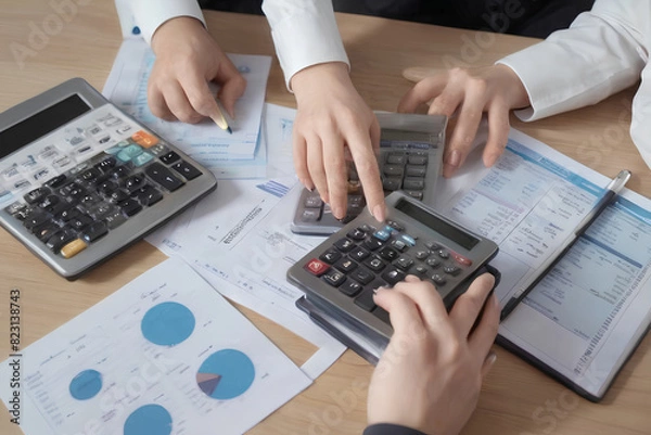 Fototapeta Accountant team analyzes financial data and accounting records using a calculator.