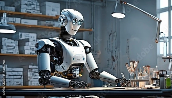 Fototapeta An advanced humanoid robot sketches with precision in a creative studio, surrounded by art supplies and soft lighting.. AI Generation