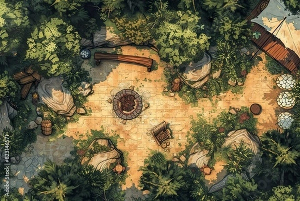 Obraz DnD Battlemap Battle Map Style for Fire Camp Setting - A detailed map for fiery battlegrounds.