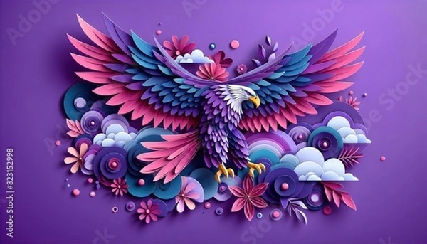 Fototapeta Majestic Papercut Eagle with Colorful Feathers on Purple Background