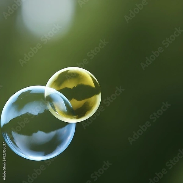 Fototapeta 
This image shows a close-up of two soap bubbles, one blue and one yellow, with reflections on their surfaces.