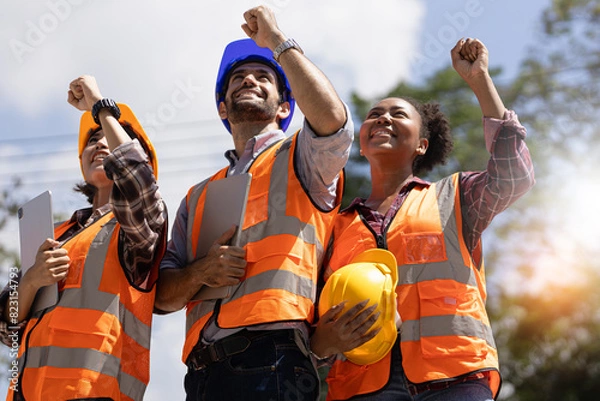 Fototapeta Construction worker, hands and thumbs up by team at construction site, happy with goal and vision. Success, thank you and engineer collaboration by group of workers show support for building project