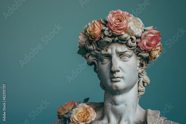 Fototapeta David statue with flower crown, copy space, blue background