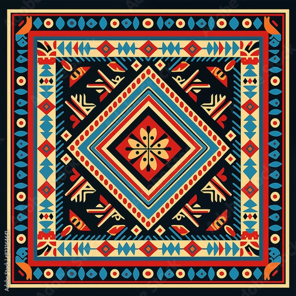 Fototapeta print design in the style of ethnic carpet patterns, Aztec art and African textile designs. Red blue yellow orange