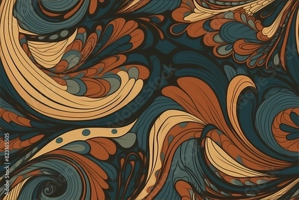 Fototapeta 70s Psychedelic Paisley Pattern with Swirling Shapes Background