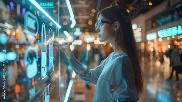 Obraz Female customer using 3D Augmented Reality Digital Interface in Modern Shopping Center. Shopper is choosing Fashionable Bags, Stylish Garments in Clothing Store. Innovation VFX Concept.
